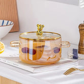 Small Bear Heatproof Glass Soup Pot with Lid for Instant Noodles